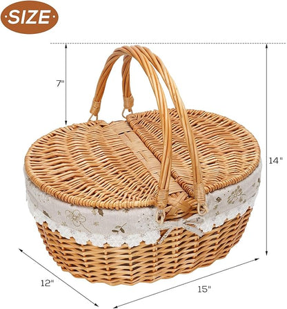 ZORMY 15" Wicker Picnic Baskets with Removable Liner, Empty Picnic Basket with Lid, Picnic Hamper with Folding Woven Handles for Picnic, Camping, Outdoor, Halloween, Thanks Giving - WhiteKapok