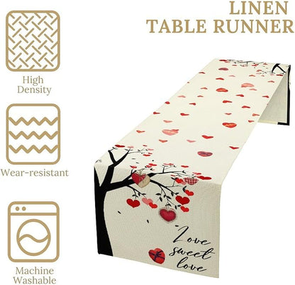 Valentines Day Table Runner,Rustic Love Tree Red Black Heart Valentines Runner for Table Seasonal Artistic Decor for Indoor Outdoor Dining Table Decorations, 13"x72"