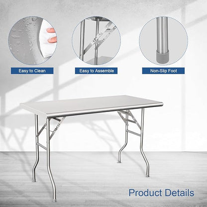 HARDURA Folding Stainless Steel Table 30X48 Inches with Legs NSF Commercial Portable Folding Prep Table for Restaurant Kitchen Home and Hotel