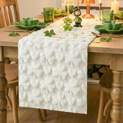 Artoid Mode White Soft Plush Faux Fur Jacquard Heart Clover St. Patrick's Day Table Runner, Seasonal Kitchen Dining Table Decoration for Home Party Decor 13x120 Inch