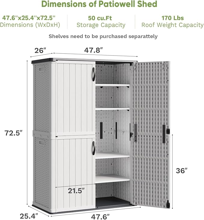 Patiowell 50 cu.ft Plastic Outdoor Storage Shed, Lockable Waterproof Resin - Image 7