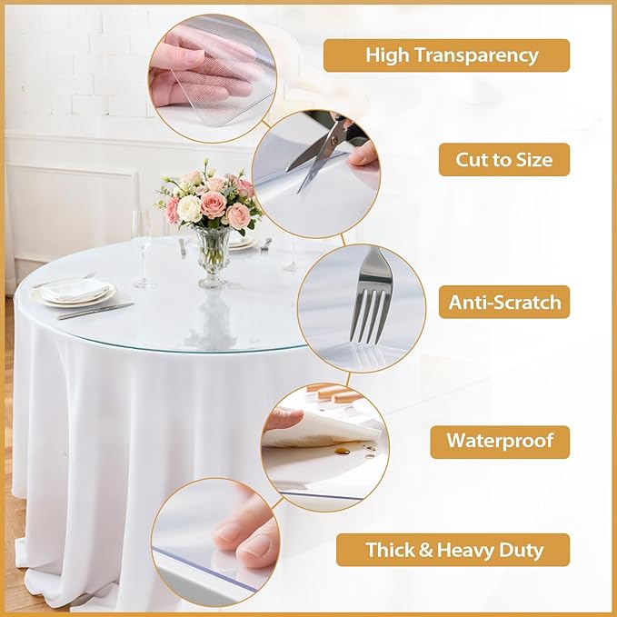 Round Frosted Table Cover Protector 42 Inch - 2mm Thick Waterproof PVC Furniture Protective Pad for Dining Room Tabletop