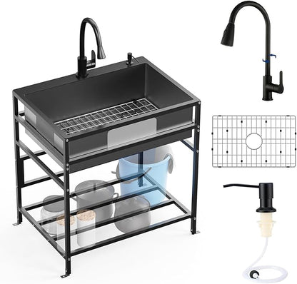 Black 30x22 Inch Freestanding Utility Sink-Stainless Steel Laundry Sink Practicality With Accessories Black Stainless Faucet,Soap Dispenser, SS Sink Grid For Laundry,Garage,Outdoor Kitchen,Garden...