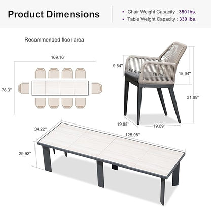 PURPLE LEAF 11 Pieces Patio Dining Set Aluminum Modern Rectangular Table and Rattan Arm Chairs with Cushions for Kitchen Porch Garden Outdoor Furniture Sets, Beige and Dark Grey