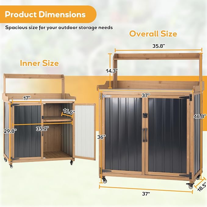 Potting Bench with Storage & Wheels, Mobile Outdoor Cabinet - Image 8