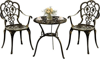 Patio Bistro Set of 2, Cast Aluminum, Outdoor Set w/Umbrella Hole, 3 Piece Table and Chairs Set, Bistro Set for Backyard/Garden/Lawn, Golden Bronze