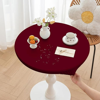 Round Fitted PU Tablecloth with High Elastic Edge 47 Inch Dia Waterproof Oil Proof Table Cloth Anti-Scald Stain-Resistant Wipeable Table Cover for Indoor Outdoor Picnic (Red,47" Dia)