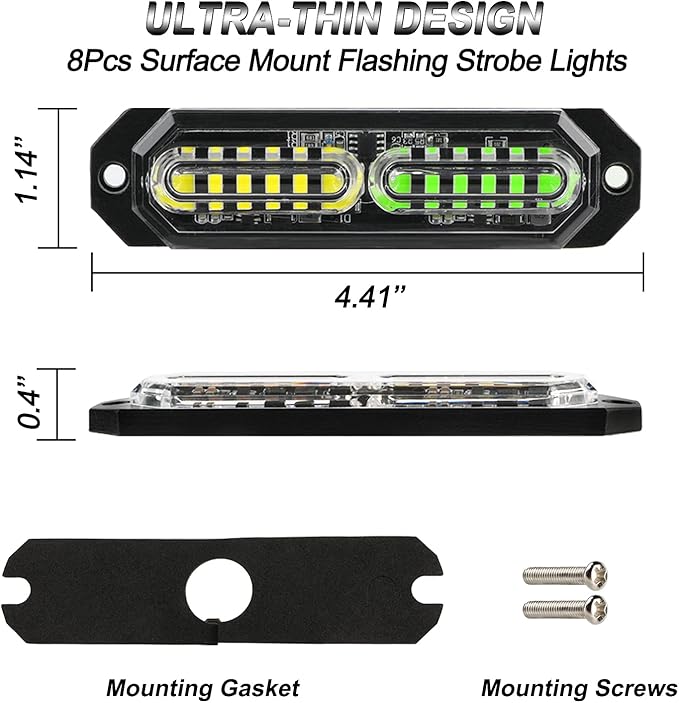 ASPL 8pcs Sync Feature Ultra Slim 12-LED Surface Mount Flashing Strobe Lights for Truck Car Vehicle LED Mini Grille Light Head Emergency Beacon Hazard Warning Lights (Amber/Green)