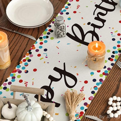Artoid Mode Polka Dot Beige Happy Birthday Table Runner, Seasonal Kitchen Dining Table Decoration for Home Party Decor 13x108 Inch