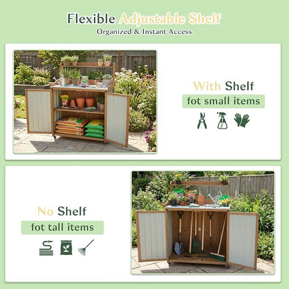 Outdoor Storage Cabinet with 4 Wheels and Handle, Metal & Wood Potting Bench - Image 8