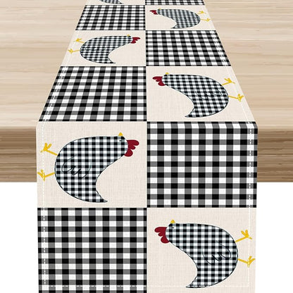 Farmhouse Rooster Table Runner, Rustic Farm Chicken Black White Plaid Buffalo Retro Coffee Table Center Decor for Home Kitchen Dining Patio Party Indoor Outdoor Table Decorations, 13" X 36"