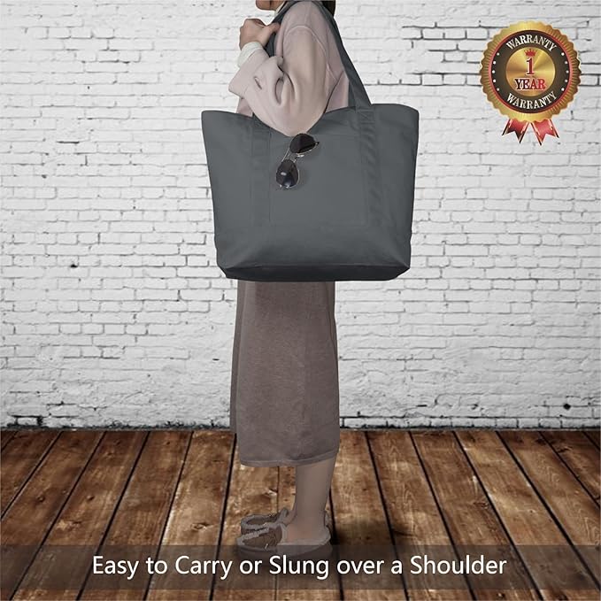 TOPDesign 3-Pack Canvas Tote Bags with an External Pocket, Reusable Grocery Shopping Bags, Top Zipper Closure, Daily Essentials (Grey)