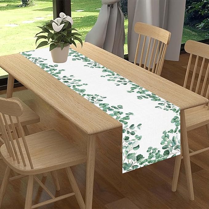 Farmhouse Table Runner, Green Eucalyptus Spring Summer Seasonal Plants Rustic Country Cafe Coffee Table Center Decor for Home Kitchen Dining Patio Indoor Outdoor Table Decorations, 13"x72" Inch