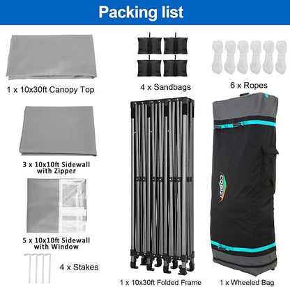 COBIZI 10x30 Pop up Canopy Tent 10x30 Canopy with Sidewall Waterproof Heavy Duty Commercial for Parties Outdoor Garden Gazebo Tent, Carry Bag with Wheel(10x30ft with Sidewalls,Gray)