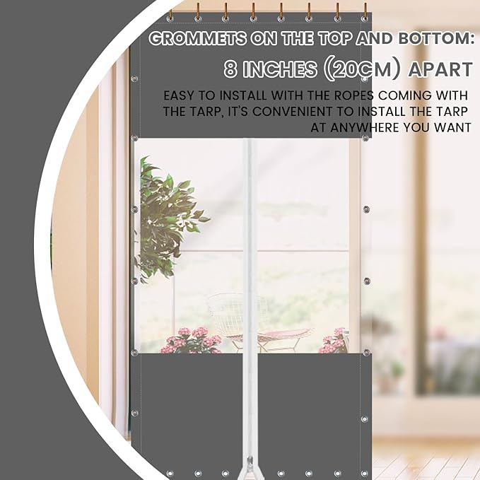 20 Oz Outdoor Vinyl Curtain with Double Sided Zip, Outdoor Clear Panel Curtain, Weather Resistant Outdoor Curtain for Pergola, Porch, Gazebos, with Rustproof Grommets (8'H x 10'W, Dark Gray)