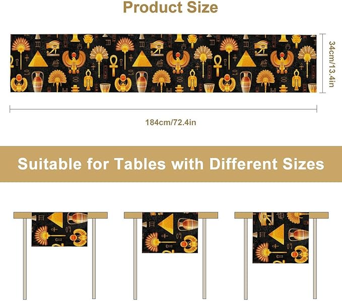 Egyptian Table Runner, Retro Egypt Mural Old Hieroglyphic Elements Ancient Mythology Hieroglyph Symbol Printed Kitchen Dining Table Runner for Kitchen Living Room Home Party 13x90in