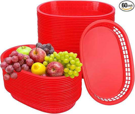 60 Pack Fast Food Baskets, 10.6 x6. 7 Inch Versatile Red Plastic Food Baskets, Food Service Tray for Burgers, Fries, Sandwiches, Hot Dogs, Barbecues, Picnics, Parties, Durable and Safe
