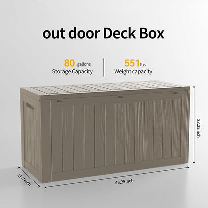 80 Gallon Resin Deck Box, Waterproof Outdoor Storage Box for Patio Furniture, Garden Tools, and Pool Accessories, Lockable UV-Resistant Storage Bin Bench Cabinet for Outside, Grey