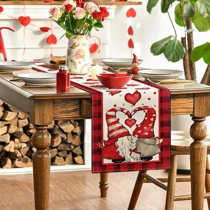 Artoid Mode Red Watercolor Hearts Gnomes Love Valentine's Table Runner, Seasonal Anniversary Wedding HoliKitchen Dining Table Decoration for Indoor Outdoor Home Decor 13 x 36 Inch