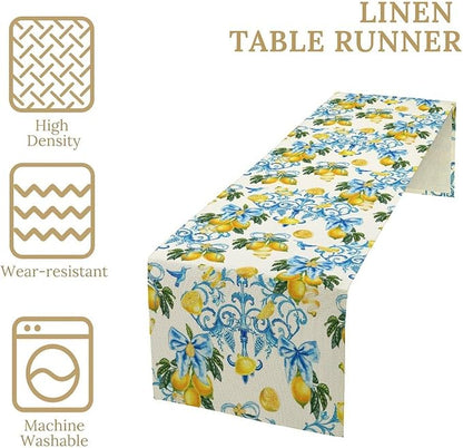 Lemon Table Runner, Summer Hummingbirds Flower Bows Print Table Runner for Farmhouse Coffee Home Kitchen Dining Outdoor Party 13x120in