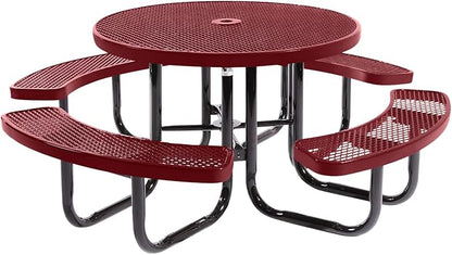 COATEDOUTDOORFURNITURE Heavy-Duty Portable Outdoor Picnic Table with Umbrella Hole, Expanded Metal Commercial-Grade Patio Dining Furniture Made in America (46" Round Top, Burgundy)