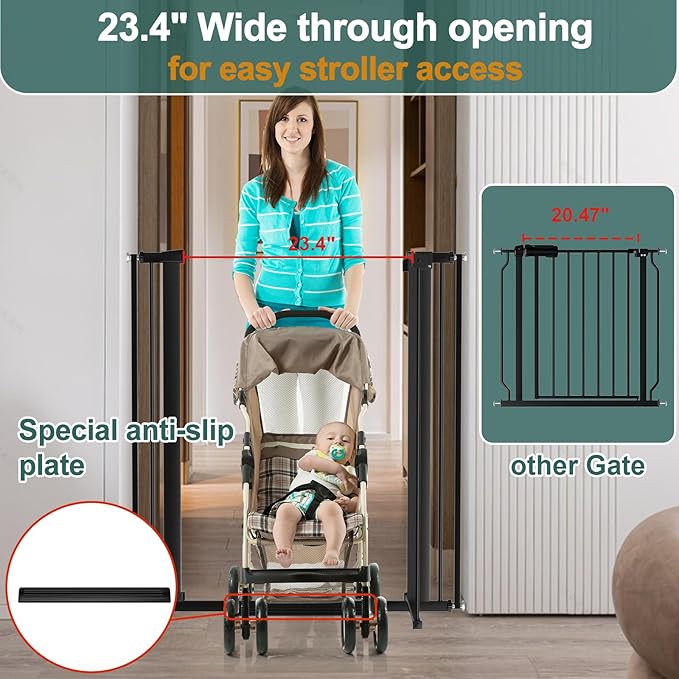 40.55" Tall 1.37" Ultra Narrow Spacing Dogs Pets Baby Gate for Doorway Safety Proof Indoor 61.61-69.48" Extra Wide Puppy Pressure Mounted No Drill Walk Through Black Metal Hallway