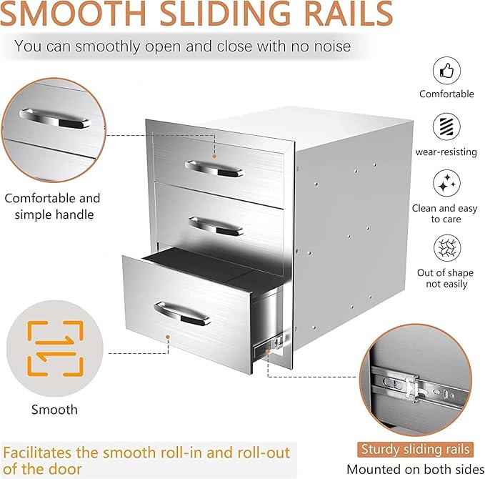 Outdoor Kitchen Stainless Steel Triple Access BBQ Drawers With Handle For BBQ Island Patio Grill Station,Three Drawers