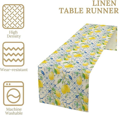 Lemon Table Runner, Summer Fruit Vintage Morocco Blue Tiles Table Runners for Farmhouse Coffee Home Kitchen Dining Party Patio Outdoor 13x36in