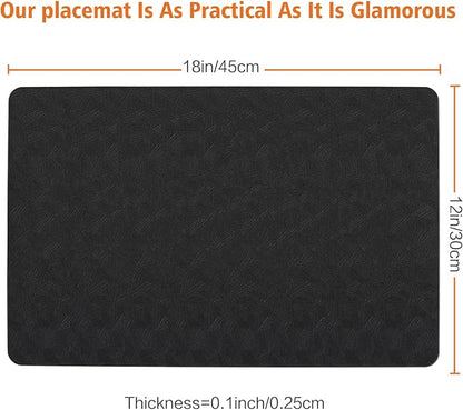 Vinyl Placemats Set of 4 Heat Resistant Easy Clean Non-Slip Place Mats for Dining Table. Faux Leather Waterproof Stain Resistant Wipeable Washable PU Table Mats(4, Black)