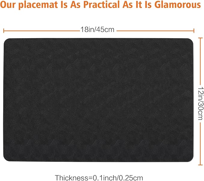 Vinyl Placemats Set of 6 Heat Resistant Easy Clean Non-Slip Place Mats for Dining Table. Faux Leather Waterproof Stain Resistant Wipeable Washable PVC Table Mats(6, Black)