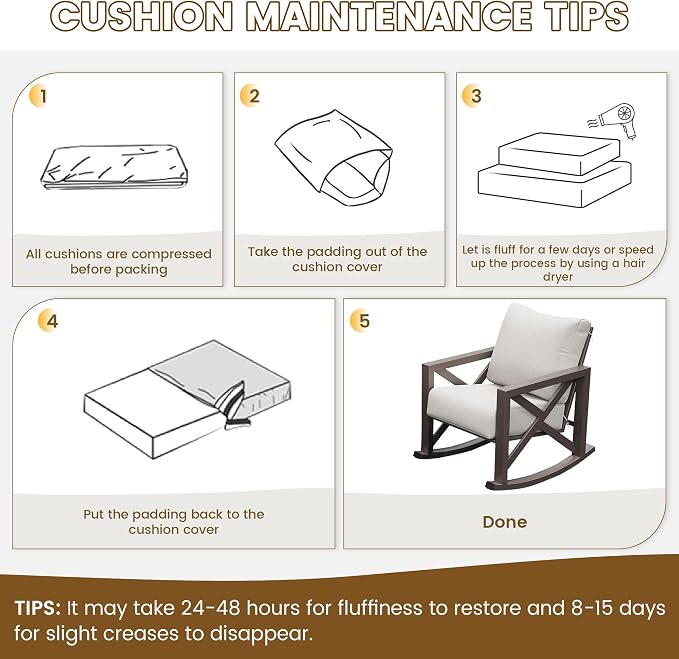 UDPATIO Rocking Chair Outdoor Oversized Metal Bistro Set 6.5" Cushion Beige | 3 - Image 9