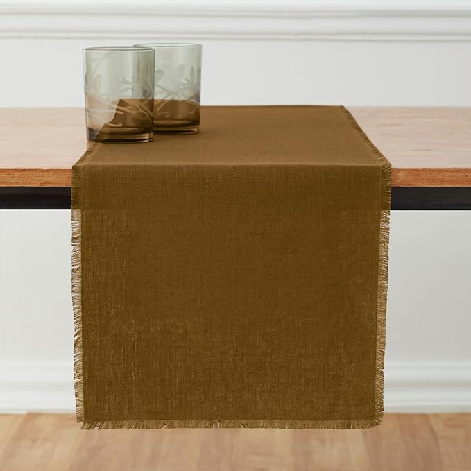Solino Home Fringe Linen Table Runner 72 Inches Long - 100% Pure Linen Toffee Brown Dining Table Runner 14 x 72 Inch - Handcrafted and Machine Washable