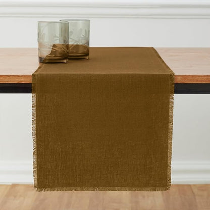 Solino Home Fringe Linen Table Runner 108 Inches Long - 100% Pure Linen Toffee Brown Dining Table Runner 14 x 108 Inch - Handcrafted and Machine Washable
