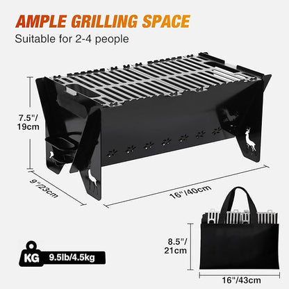 Lineslife 16 Inch Portable Camping Campfire Grill, Heavy Duty Charcoal BBQ Grill FirePit Grills with Stainless Steel Cooking Grate and Carry Bag for Outdoor Camping Backyard Party Cooking