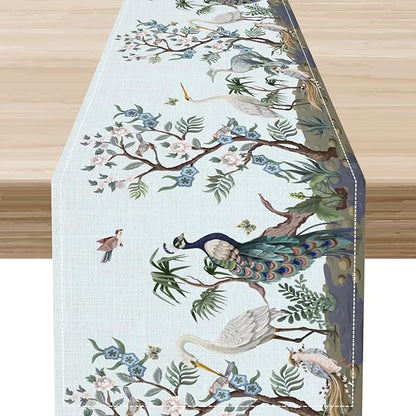 Blue Peacock Table Runner,Rustic Light Blue Crane Floral Branch Table Center Decor for Home Dining Kitchen Patio Holiday Party Indoor Table Decorations, 13"x108"