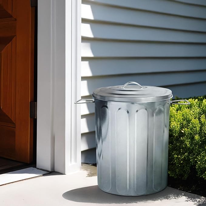 Plexon 5 Gallon Small Metal Trash Can with Lid Outdoor Galvanized Bucket with Lid 5 Gal Fireplace Ash Bucket for Wood Stove Storage Can for Dog Food Bird Seed Storage Container Rodent Pet Proof 3 Pack