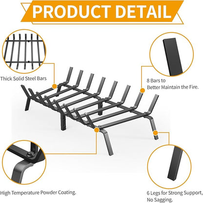 Heavy Duty 30Inch Fireplace Grate, Solid Steel Log Rack for Wood Burning, Extra Wide Firewood Grates for Indoor Fireplace & Outdoor Fire Pit, Wood Stove Grate