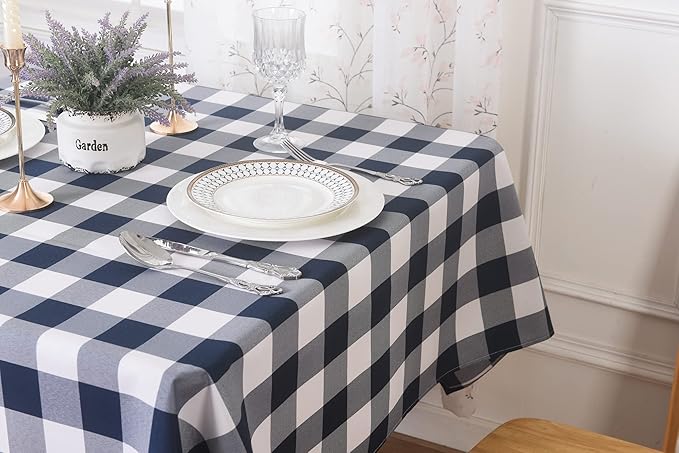Cupuamon 2 Pack Waterproof Polyester Fabic Rectangle Checkered Tablecloth，60x84 Outdoor Table Cloth，Oil Stain Prevention Table Cloth for Pinics and Parties（Navy and White）