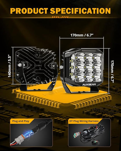 Auxbeam V-MAX Series LED Pod Lights, 7 Inch Offroad Driving Cube Lights with Amber DRL& Backlight, 228W Super Bright Spot Flood Combo Beam Universal Auxiliary Ditch Light with Amber Cover, 2PCS