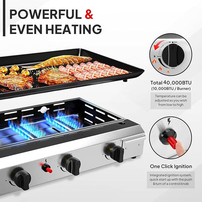ROVSUN 4 Burner Portable Propane Griddle with Electronic Ignition, 40000 BTU Rolling Flat Top Gas Grill with Nonstick Enameled Tray, Side Shelves & Regulator for Outdoor Cooking Camping BBQ Tailgating