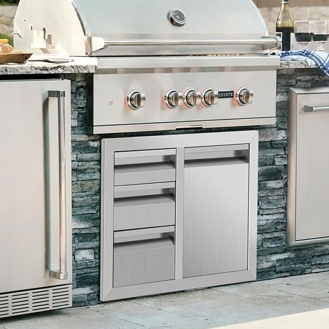 Outdoor Kitchen Drawer Combo, Stainless Steel Triple Drawers & 2 Trash Can Drawers,Enclosed Built-in Drawer Flush Mount For Outdoor Kitchens & BBQ Islands ﻿ ﻿,G1