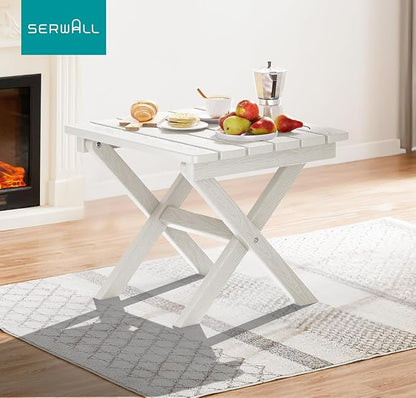 SERWALL Portable Folding Adirondack Side Table, HDPE Small Outdoor End Table, No Assembly Required, Weather-Resistant, 110 lbs Capacity, White