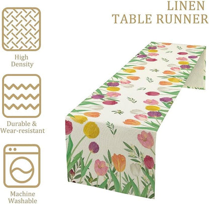 Tulips Spring Table Runner, Rustic Farmhouse Watercolor Botanical Colorful Tulips Olive Leaves Summer Garden Table Cover For Kitchen Dinning Table Indoor Outdoor Party Wedding Decor, 13x90inch