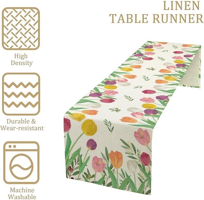 Tulips Spring Table Runner, Rustic Farmhouse Watercolor Botanical Colorful Tulips Olive Leaves Summer Garden Table Cover For Kitchen Dinning Table Indoor Outdoor Party Wedding Decor, 13x70inch