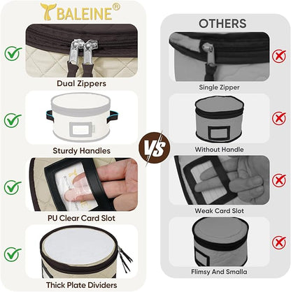 BALEINE China Storage Containers, Soft Shell Case for Organizing, Stackable Moving Storage Box with Felt Plate Dividers for Dishes, Glasses, Mugs (Plate Set, Cream)