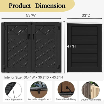 ZZM Large Outdoor Storage Shed, 48 Cu Ft Resin Versatile Storage Cabinet for Patio Accessories, Trash Cans & Garden Tools, Durable Horizontal Storage Box with Lockable Lid (Black)