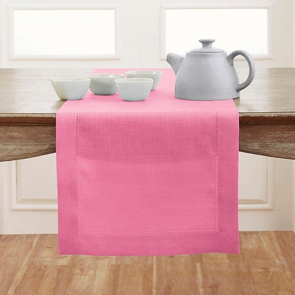 Solino Home Linen Table Runner 36 Inches - 100% Pure Linen Flamingo Pink Hemstitch Table Runner 14 x 36 Inch Ideal for Dresser and Coffee Tables, Valentines, Spring, Easter - Classic Hemstitch