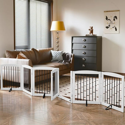 Freestanding Pet Gates with Walk Through Door, Dog Indoor Fence, Dog Gate for The House, Stairs, Extra Wide Pet Gate, Support Feet Included, 120 Inch Wide, 6 Panels 24" Tall, White & Black