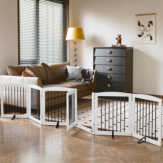 Freestanding Pet Gates with Walk Through Door, Dog Indoor Fence, Dog Gate for The House, Stairs, Extra Wide Pet Gate, Support Feet Included, 120 Inch Wide, 6 Panels 24" Tall, White & Black