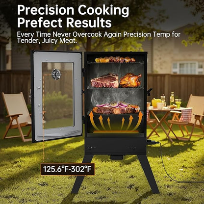 TABU 30-inch Electric Vertical BBQ Smoker with Thermometer & Leg Kit, Large Meat Smoker with Water& Wood Trays for Outdoor Backyard, Black